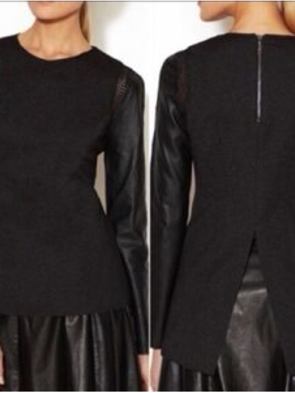 Stella & Jamie Black Mixed-Material Long-Sleeve Top with Leather Sleeves
